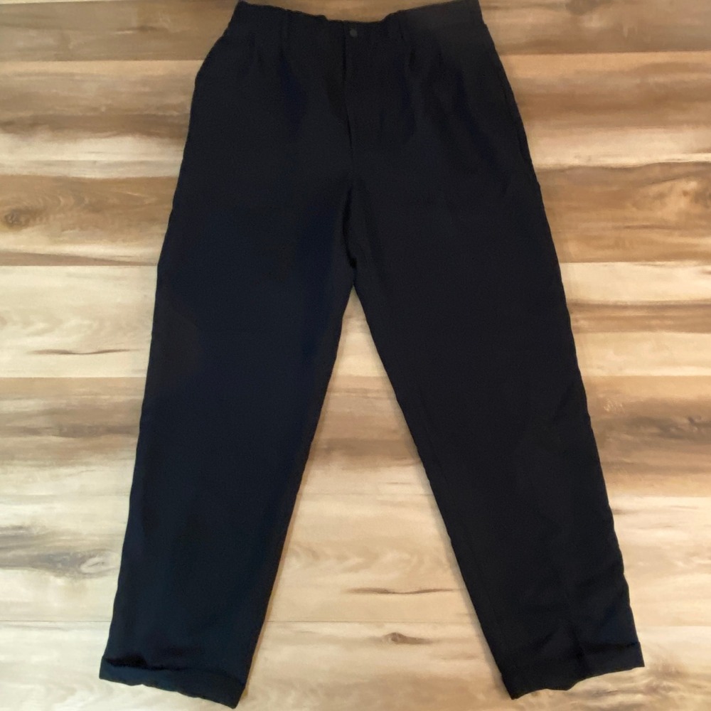 Perry Ellis Mens 33 x 30 Black Pleated Cuffed Rayon Blend Dress Pants Trousers